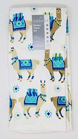 Casaba Set of 2 Kitchen Towels 100% Cotton - Tan Llamas on White